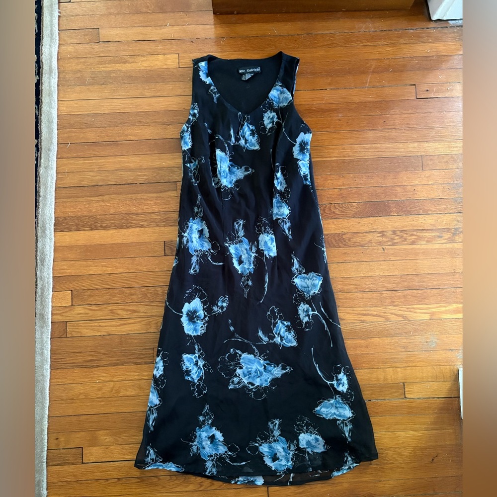 Vintage Mlle Gabrielle Black Maxi Dress with Blue Floral Design